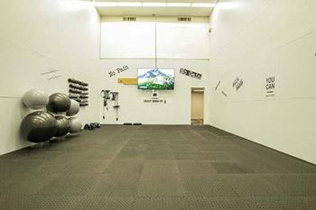 a large room with a television and weights on the wall